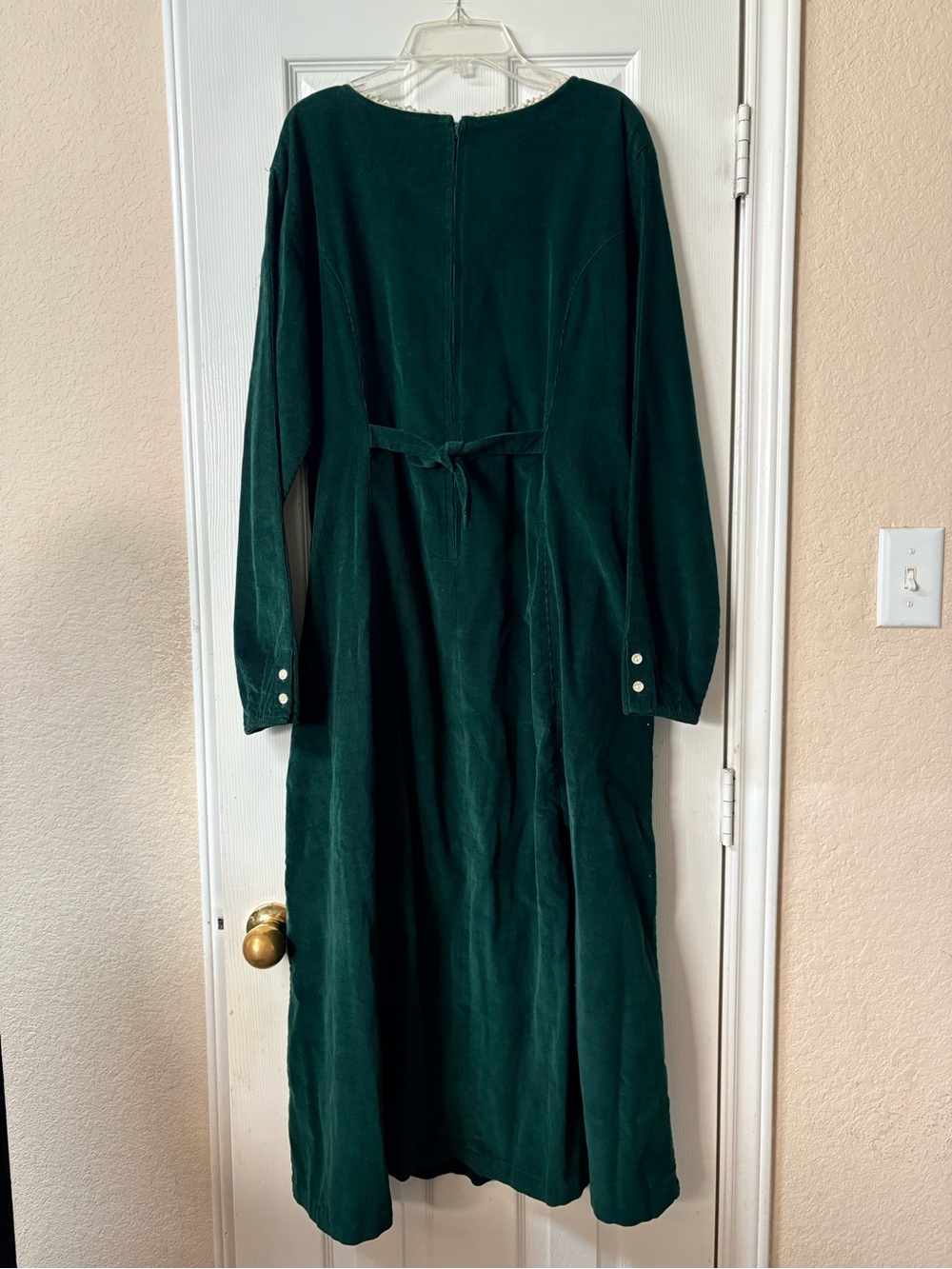 Vintage 90’s Emerald Green Corduroy Midi Long Sleeve Dress Pearl Buttons Size 16 - Picture 8 of 13